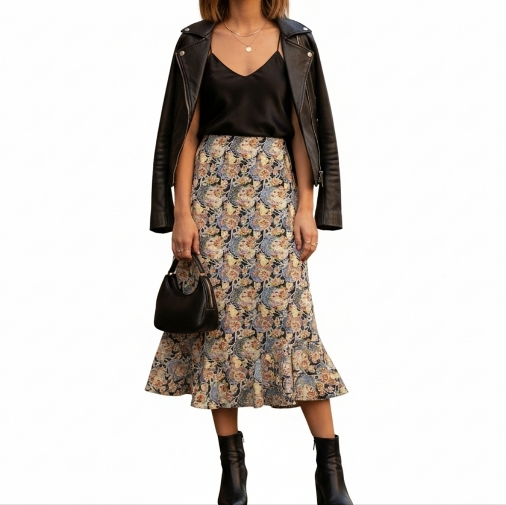 Vintage Christopher & Banks Floral Bow Ruffle Midi Skirt Sz 12